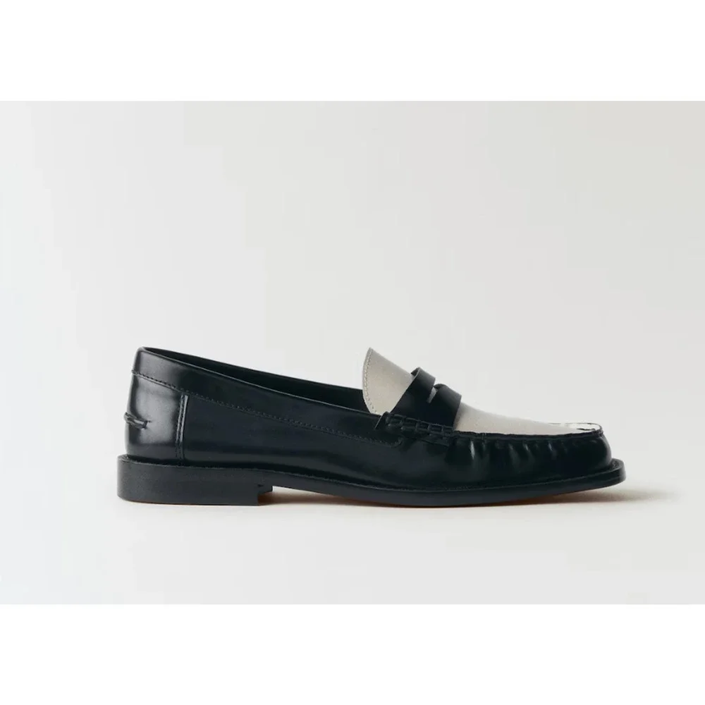 NEW MANGO MNG BLACK WHITE TWO TONE LEATHER PENNY LOAFERS SHOES SZ 37 US 6.5